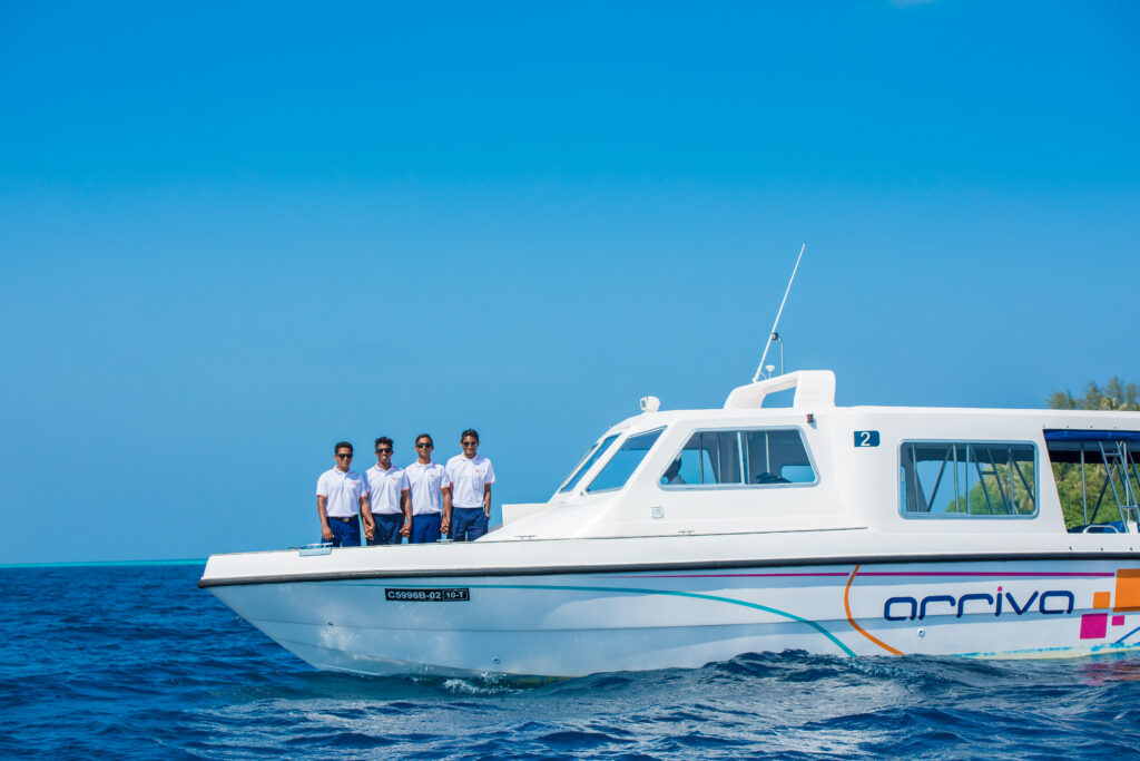 Aerial view of two high-speed Arriva transfer boats on the water, showing the ready fleet. Contact Arriva Maldives for immediate booking.