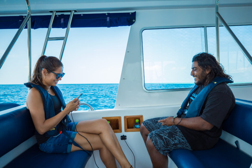 Comfortable interior of a private speed boat transfer in the Maldives.