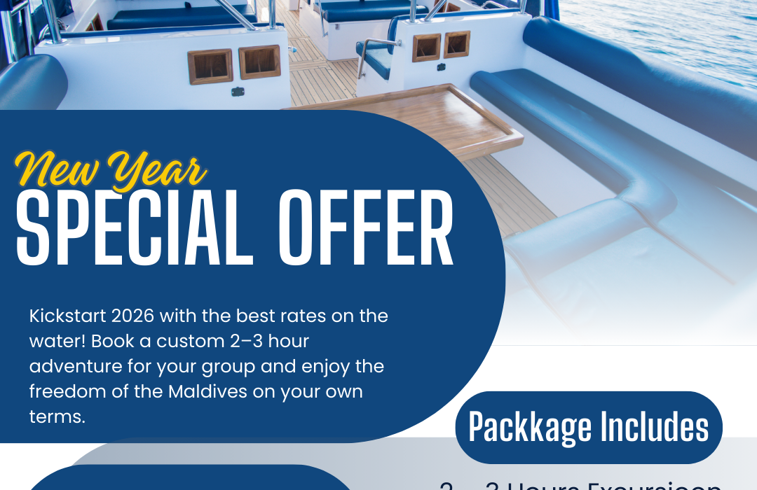 Private speedboat in Maldives turquoise water for New Year boat offer 2026.