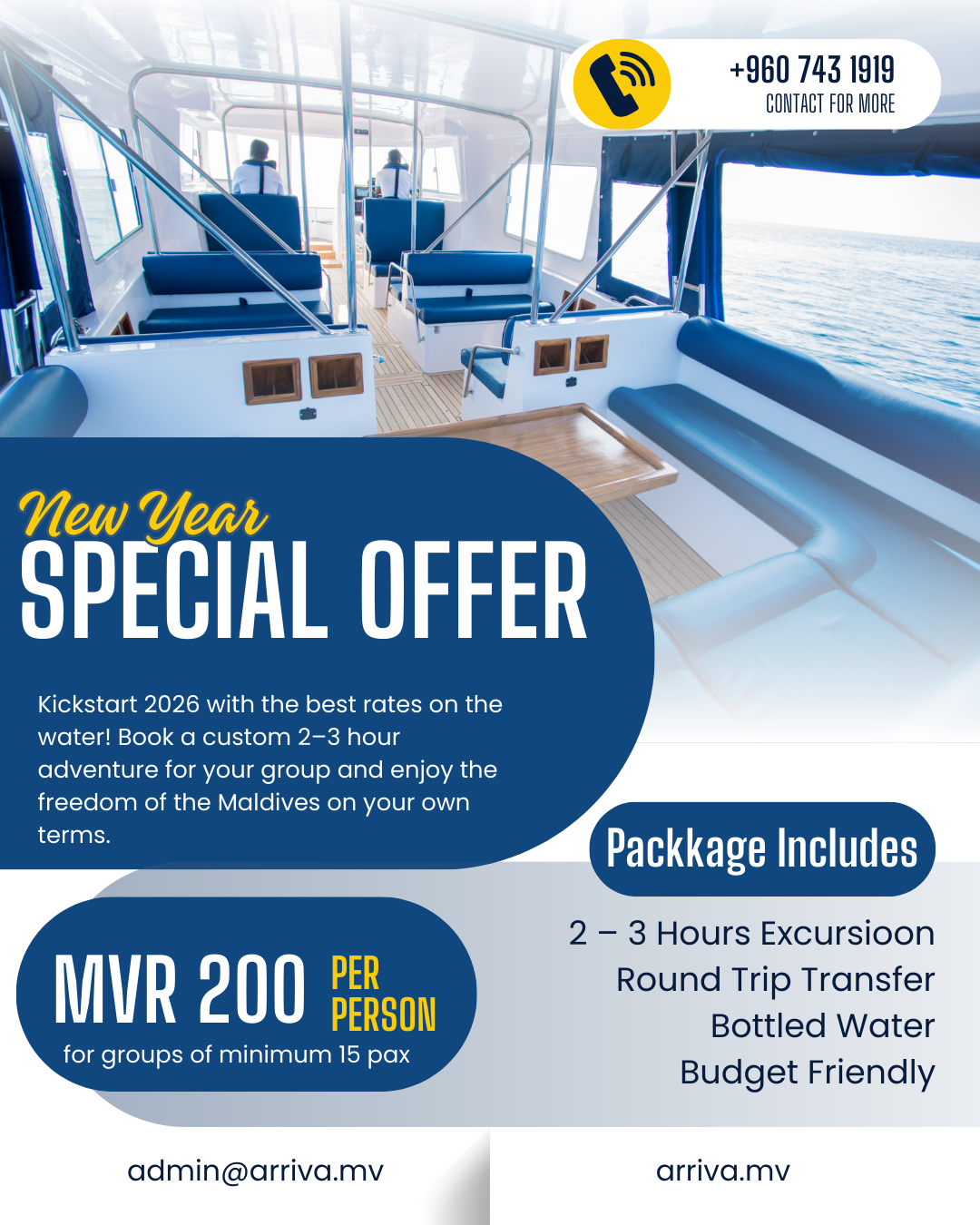 Private speedboat in Maldives turquoise water for New Year boat offer 2026.