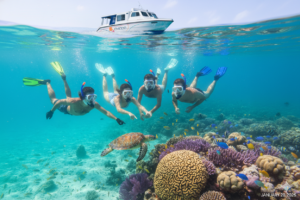 Groups snorkeling in a clear blue lagoon near Male’ for a Maldives Snorkeling Tour.