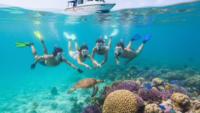 Groups snorkeling in a clear blue lagoon near Male’ for a Maldives Snorkeling Tour.