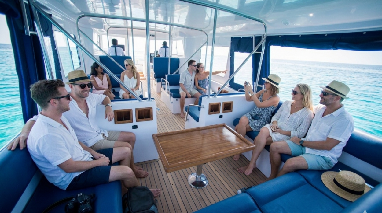 Arriva private speedboat docked at the airport jetty for a transfer to Maafushi.